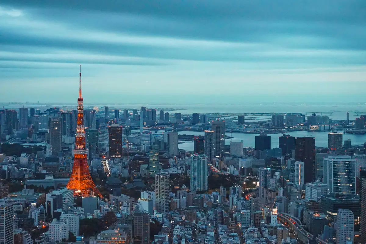 夕暮れ時の東京タワーと街のスカイライン